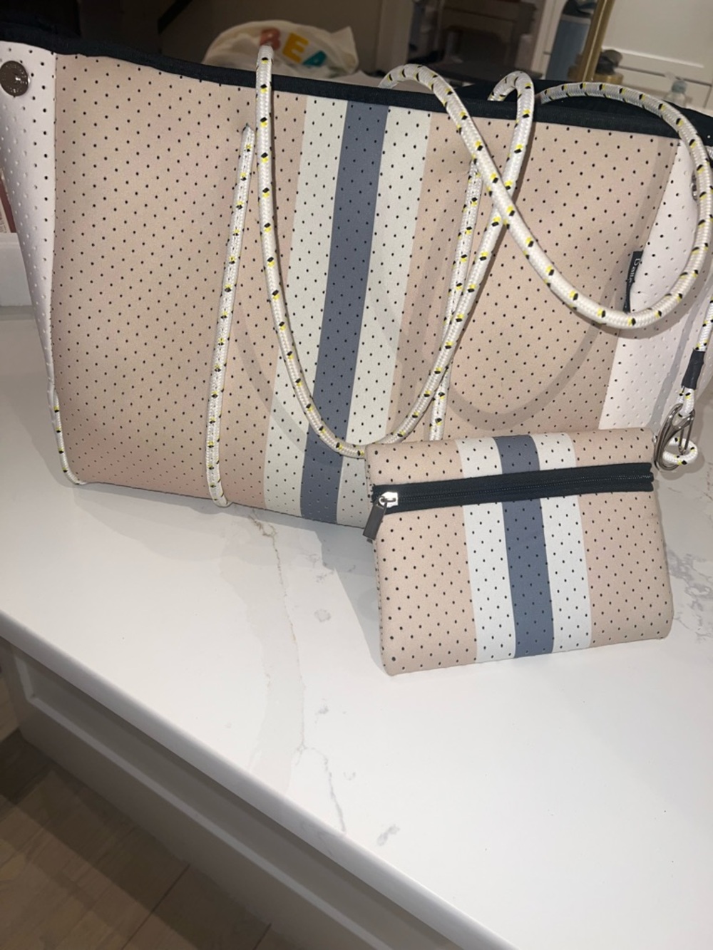 Striped Perforated Beige Tote with Matching Pouch